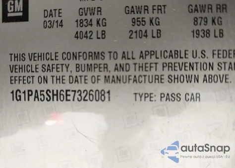 2014 Chevrolet Cruze Ls Auto from USA, damaged, VIN 1G1PA5SH6E7326081